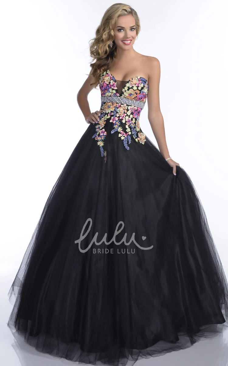 Sweetheart Tulle Prom Dress with Beaded Waistline and Lace Appliques Classy Style
