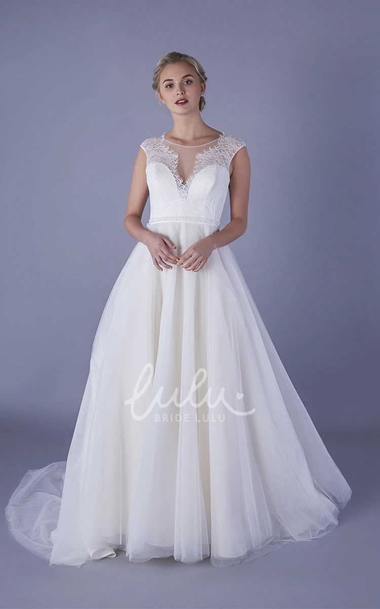 A-line Tulle Ball Gown with Illusion Lace V-neck and Back for Brides