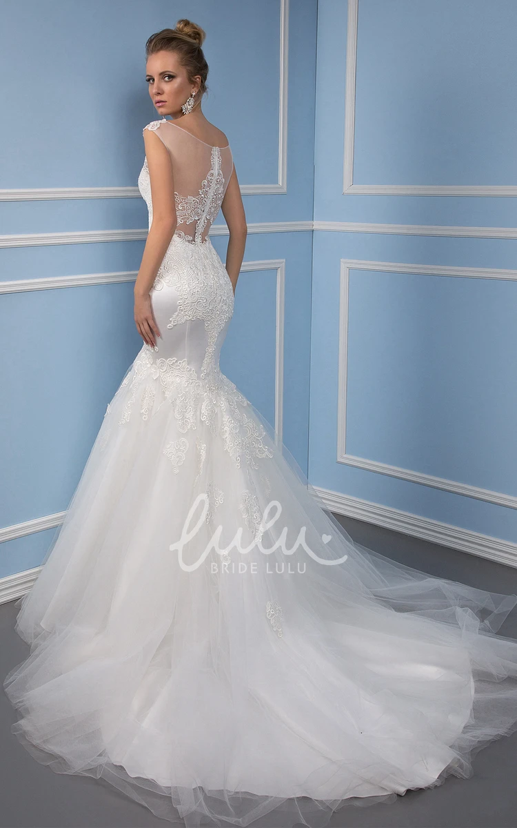 Trumpet Illusion Back Tulle Wedding Dress with Appliques and Court Train Unique Bridal Gown