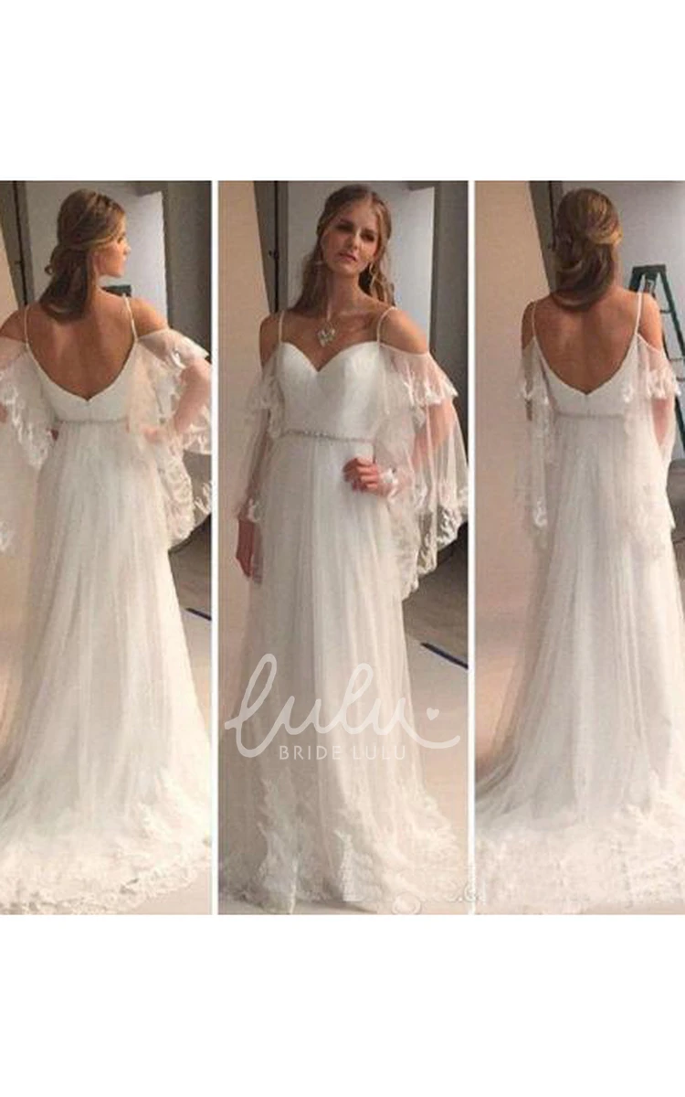 Spaghetti Strap Backless A-line Lace Tulle Wedding Dress