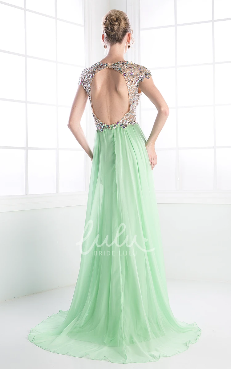 Chiffon Sheath Dress with Beading Split Front and Cap Sleeves for Prom