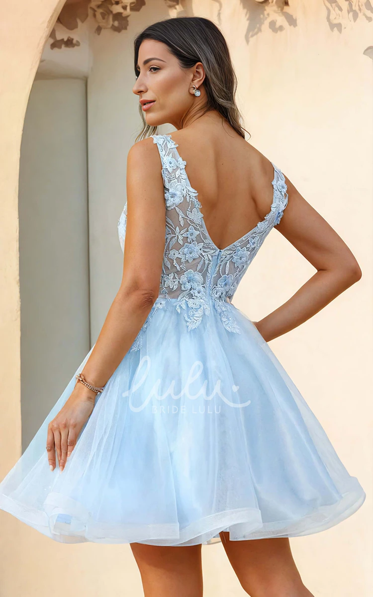 Holiday Party A-Line Lace Appliques V-neck Tulle Homecoming Dress Sexy Adorable Knee-length Petite Sleeveless Prom Dress with Straps Deep-V Back