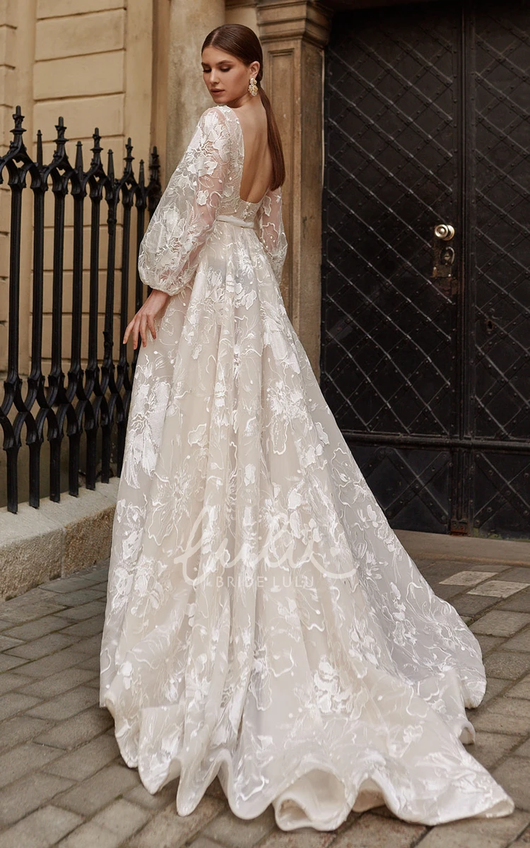 Lace A Line Wedding Dress with Plunging Neckline Exquisite and Unique