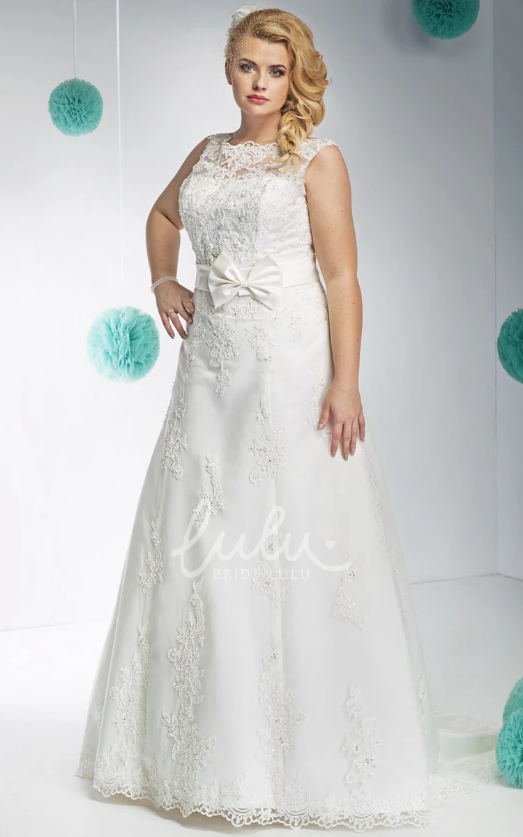 Plus Size Lace High-Neck Wedding Dress with Appliques and Bow