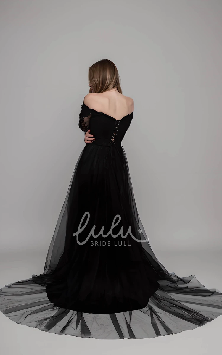 Sexy Detachable Gothic A-Line Black Lace Wedding Dress with Court Train Elegant Satin And Tulle Garden V-neck Long Bridal Gown