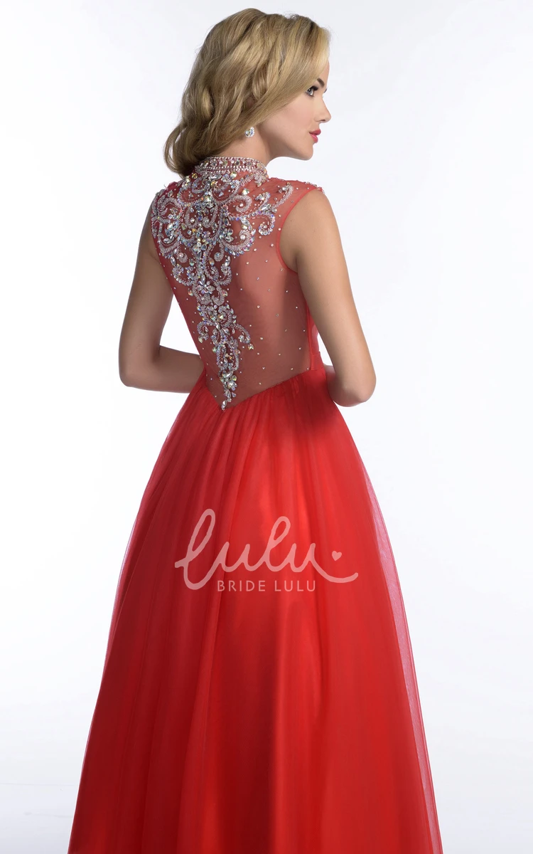 Floor Length Tulle Prom Dress with Jeweled Appliques and Cap Sleeves