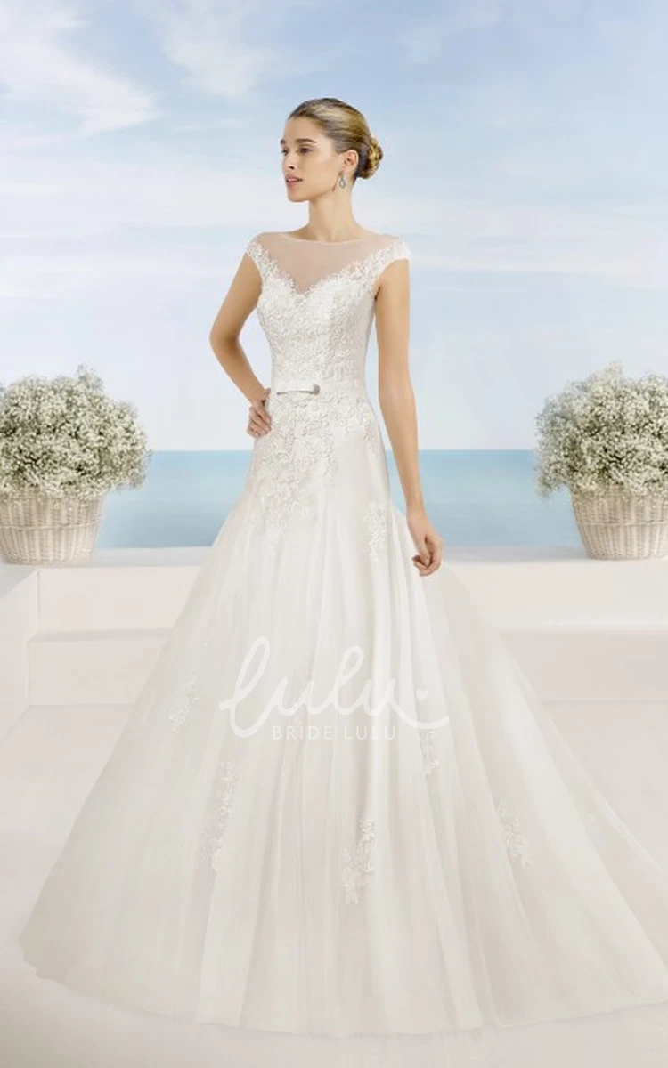 A-Line Boho Lace Tulle Wedding Dress with Bateau-Neck Appliques and Illusion Elegant Bridal Gown