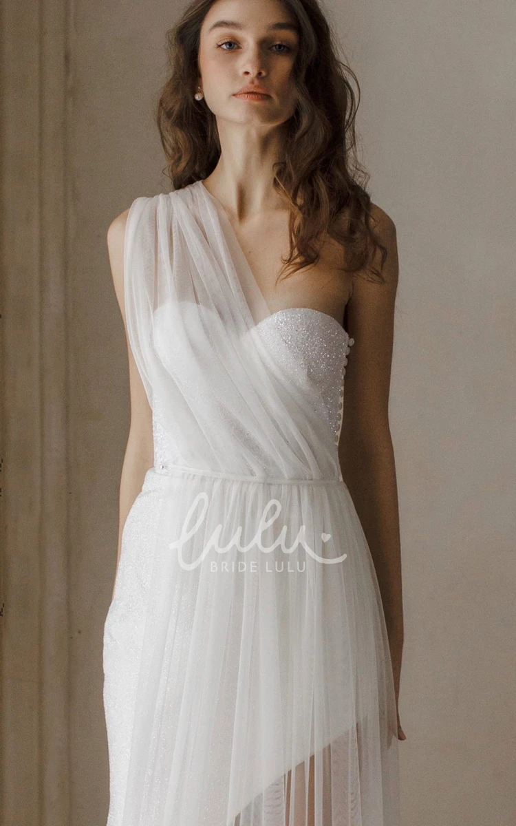 Casual Sheath Tulle Wedding Dress with One-Shoulder Neckline and Sequins Casual Wedding Dress