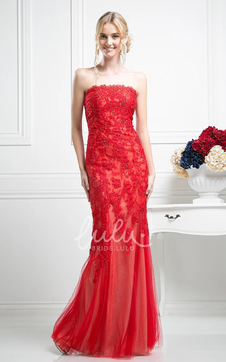 Strapless Lace Tulle Dress with Appliques and Beading Sleeveless Prom Dress