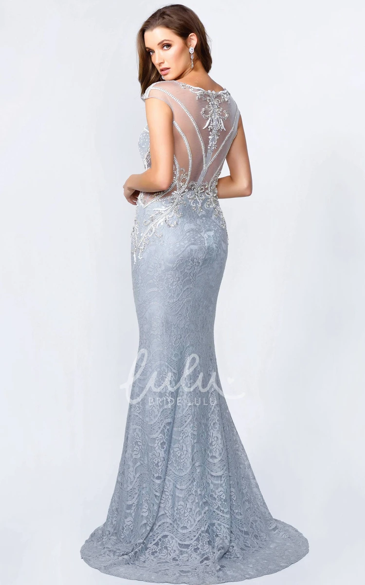 Lace Illusion Cap-Sleeve Sheath Formal Dress with Beading Elegant and Unique