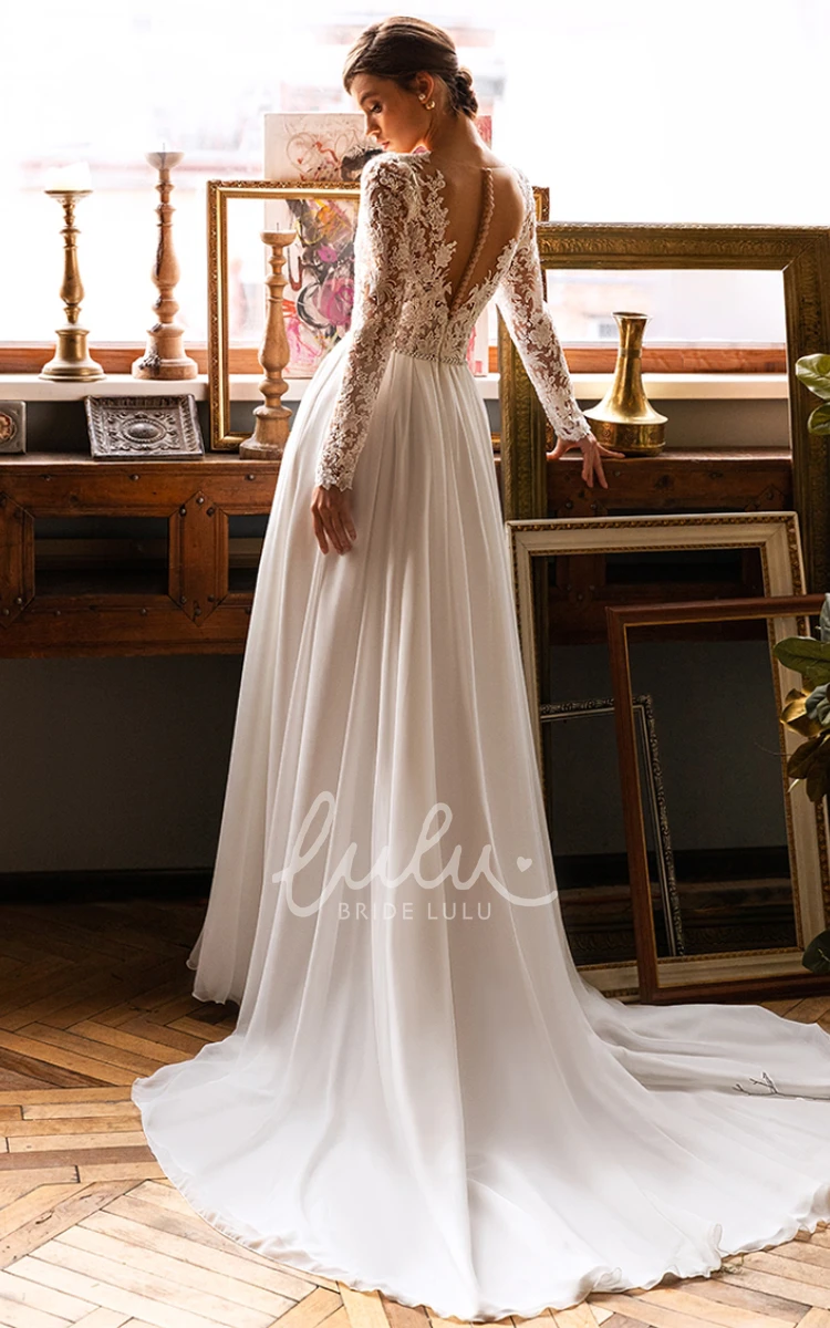 Romantic Lace Chiffon Wedding Dress with Button Back A-Line V-Neck
