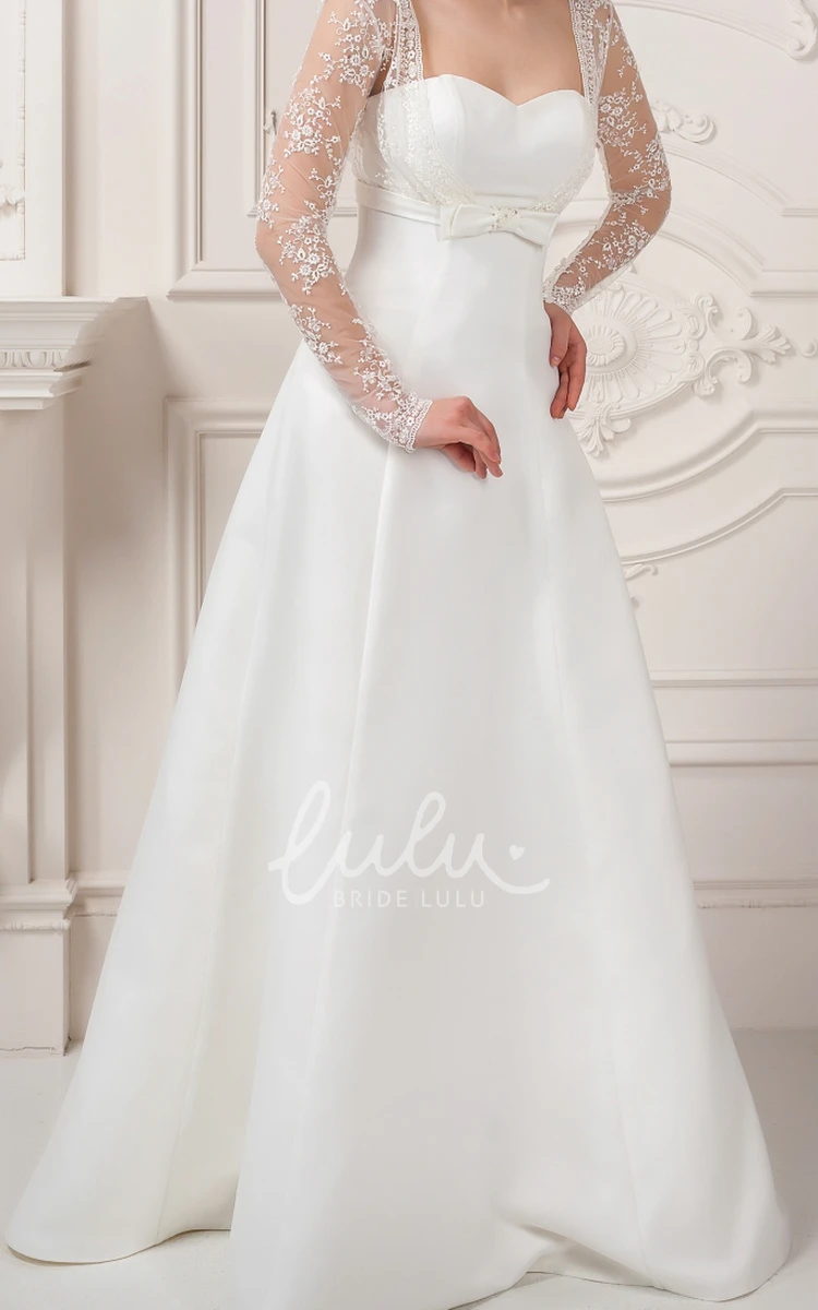 Lace Satin Long-Sleeve Wedding Dress Sheath Square-Neck with Bow