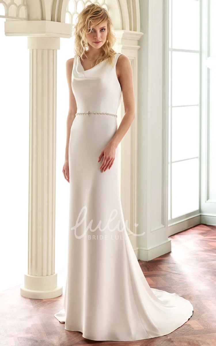 Satin V-Neck Wedding Dress with Jeweled Waist and Brush Train Floor-Length