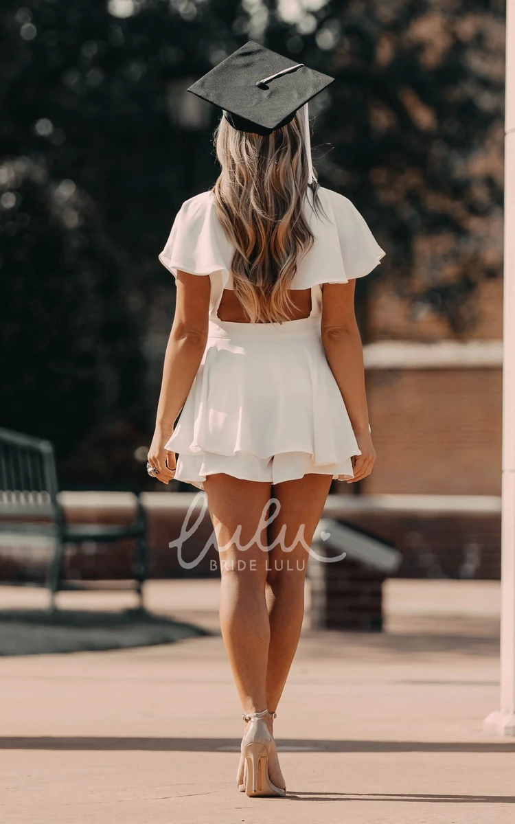 Satin Chiffon V-neck Homecoming Dress with Ruffles and Open Back Adorable Formal Dress