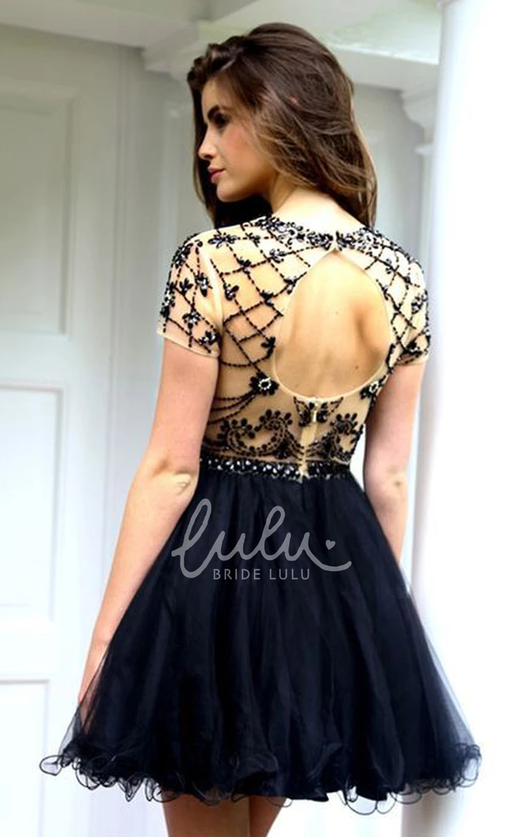 Short-Sleeve Scoop A-Line Prom Dress with Beading and Ruffles Short