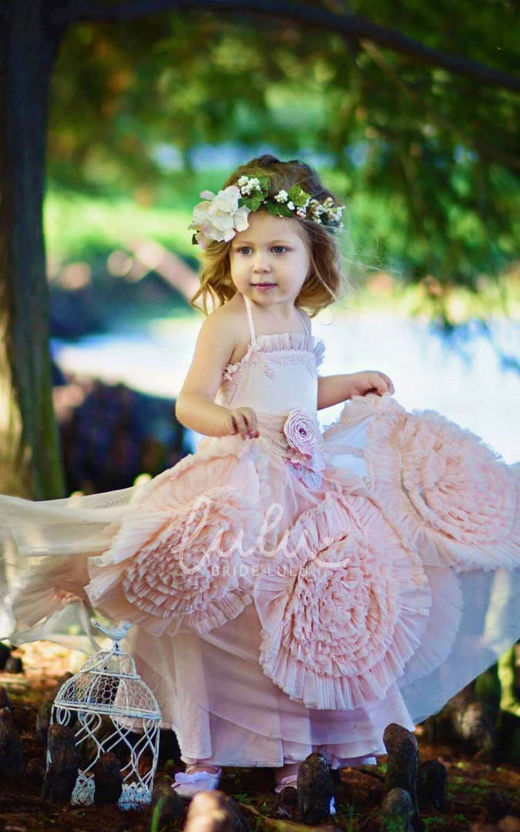 Spaghetti Ball Gown Flower Girl Dress Handmade Flowers Floor Length