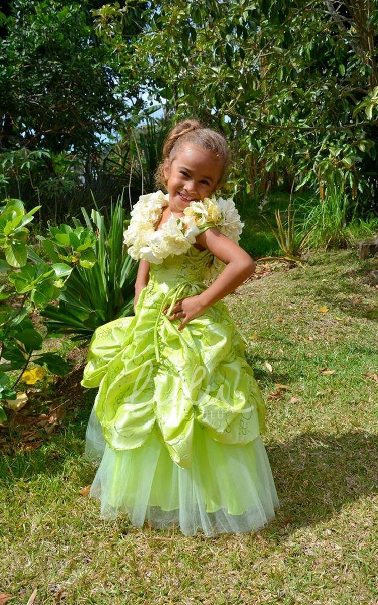 Tiered Lace&Taffeta Flower Girl Dress Ankle-Length Embroidered with Brooch