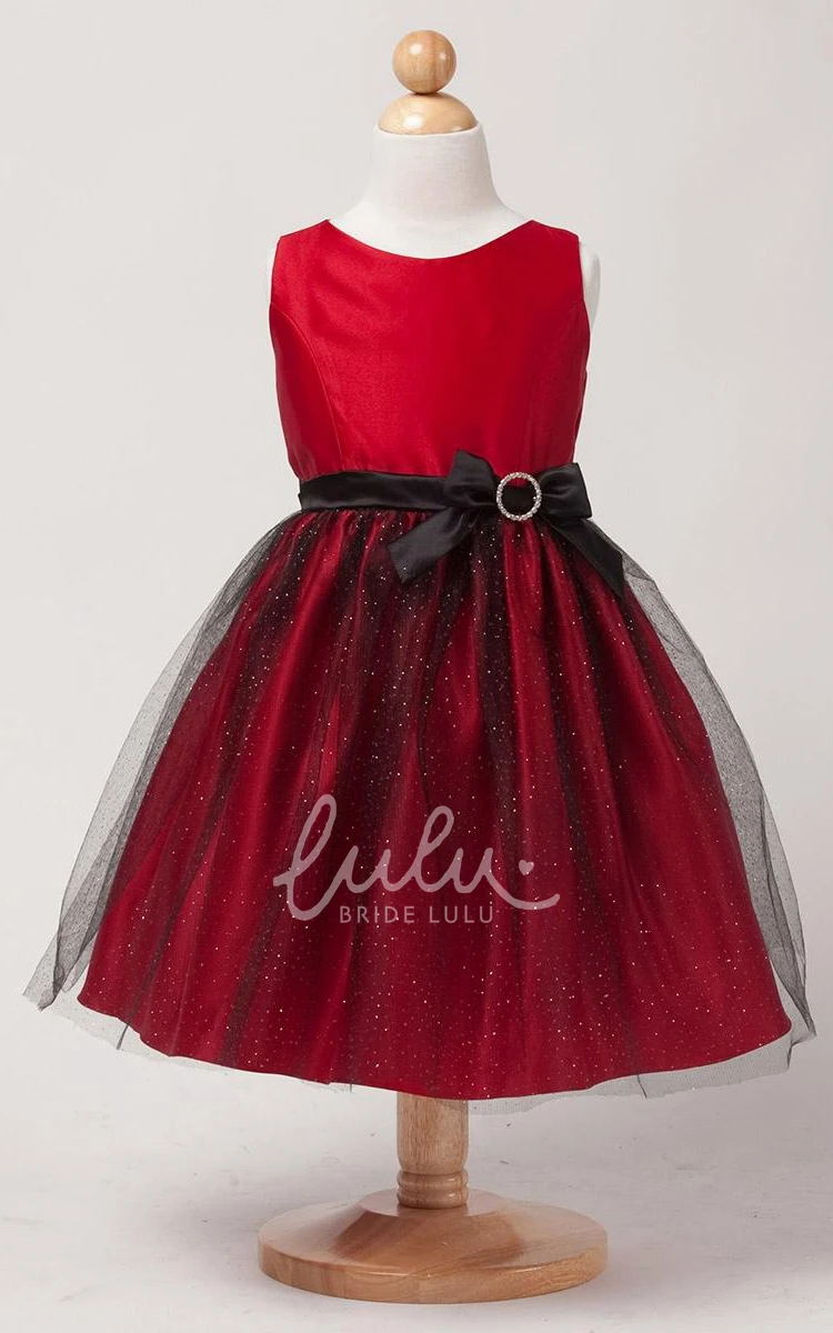 Satin Flower Girl Dress with Brooch and Tiered Bow Detail Knee-Length