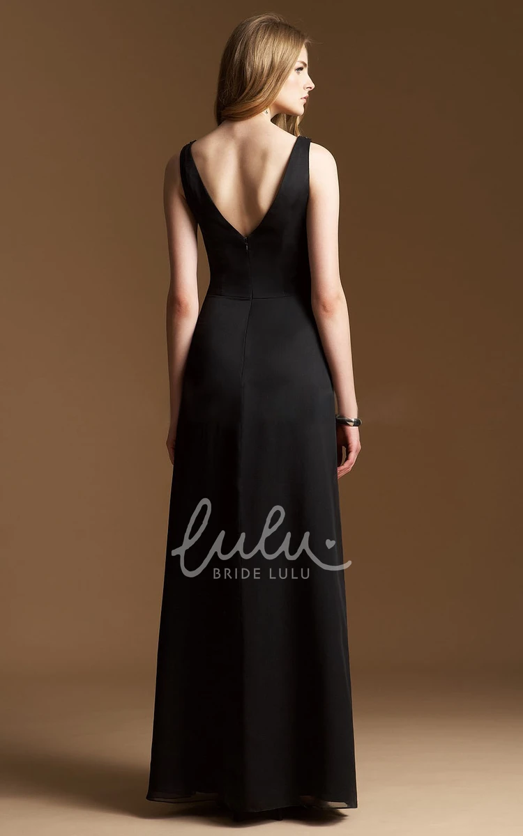 V-Neck Sleeveless A-Line Long Bridesmaid Dress with Jewels and V-Back