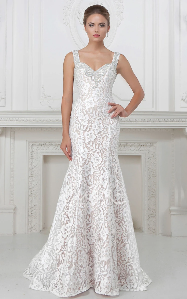 Sleeveless V-Neck Beaded Lace&Satin Sheath Wedding Dress Elegant Bridal Gown