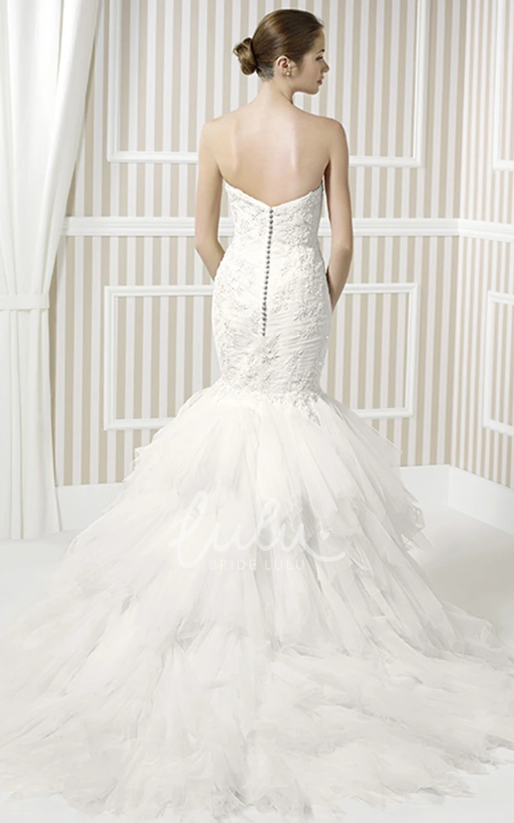 Sleeveless Trumpet Tulle Wedding Dress with Cascading Ruffles Appliques and Sweetheart Neckline