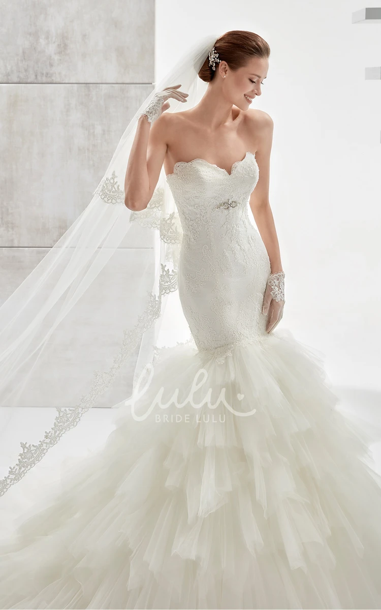 Mermaid Wedding Dress with Ruffled Tiers Train and Brush Train Unique Bridal Gown