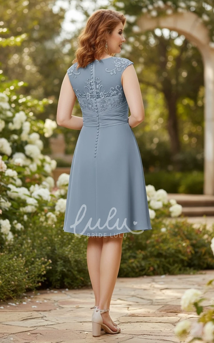 Modest Elegant Short A-Line Lace Blue Mother of the Bride Dress Classic Jewel Neck Button Back Knee Length Wedding Guest Gown