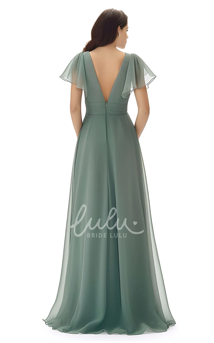 A-Line V-neck Chiffon Bridesmaid Dress with Split Front Modest and Classy