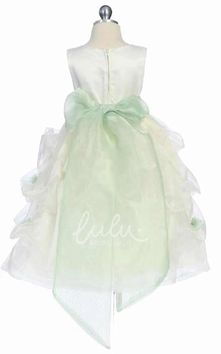 Satin and Organza Tea-Length Flower Girl Dress with Ruched Detail