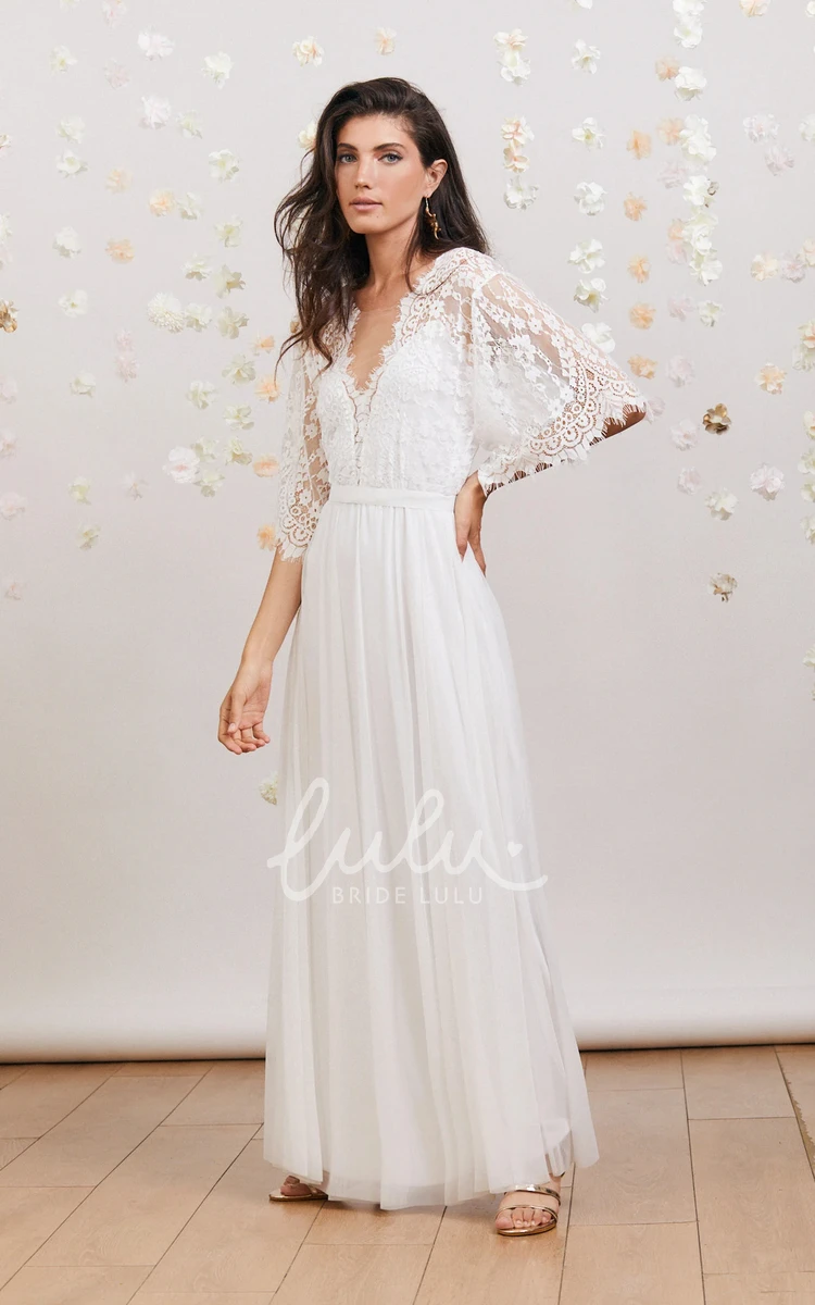 Vintage Bohemian Deep V Bridal Gown with Half Sleeves Garden Wedding Dress for Brides