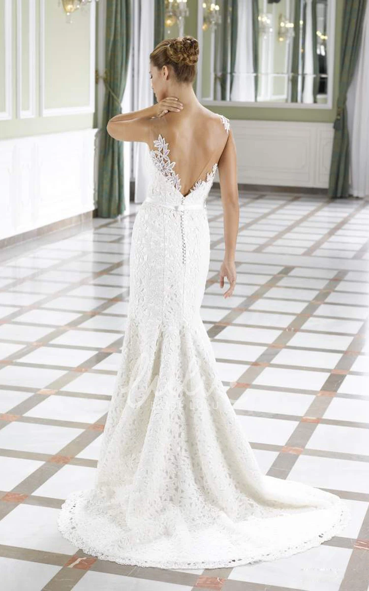 Scoop Neck Sleeveless Lace Wedding Dress in Sheath Style with Brush Train and Deep-V Back