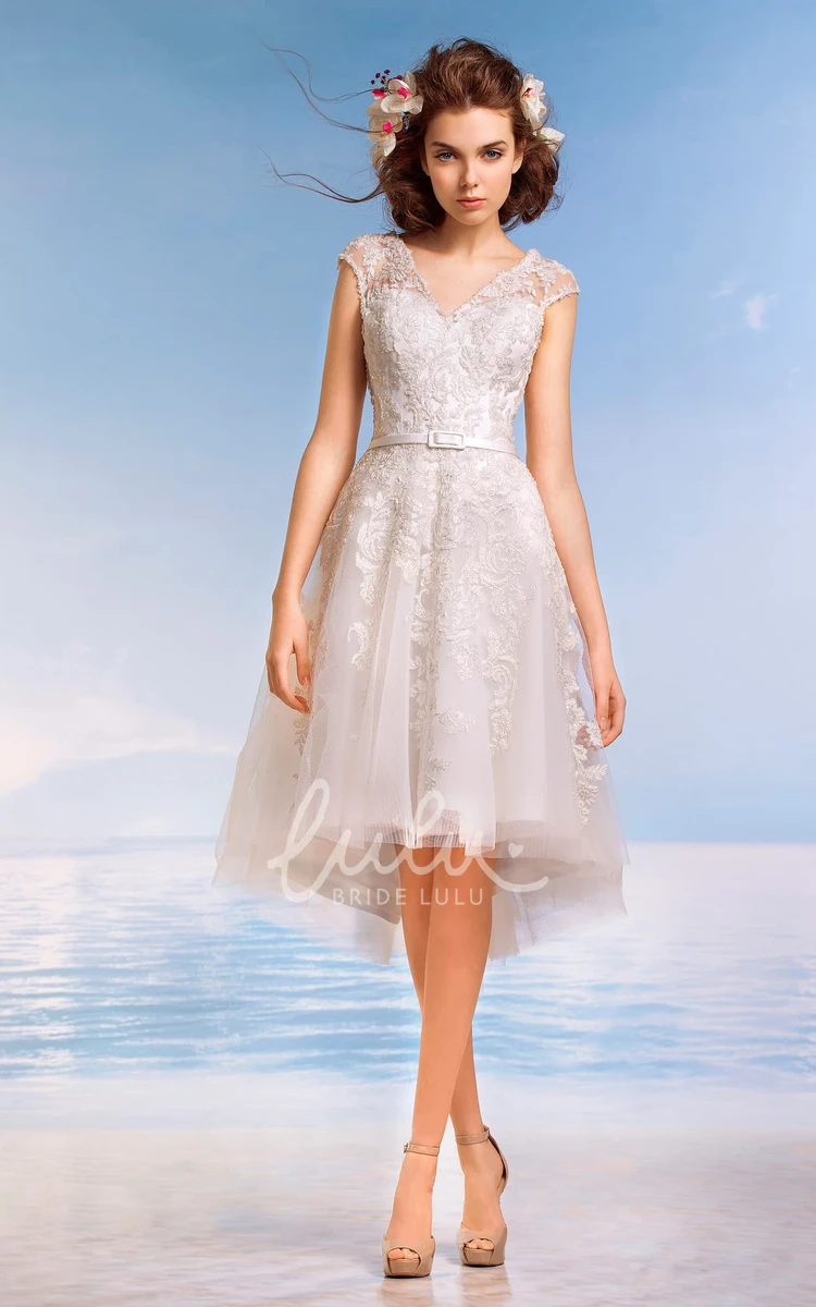 Lace Applique V-Neck Cap-Sleeve A-Line Knee-Length Wedding Dress