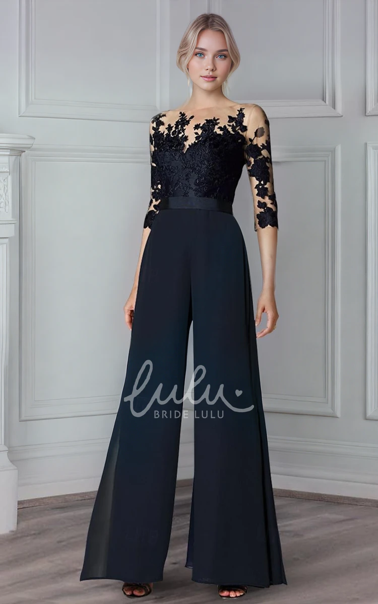 Elegant Minimalist Bohemian Jumpsuit Detachable A-Line Lace Chiffon MOB Dress with Appliques and Button Back