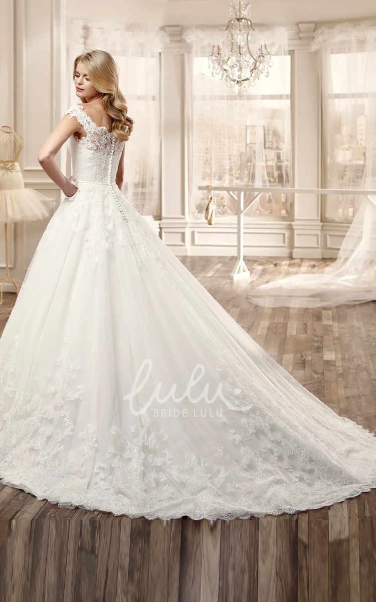 Long Wedding Dress with Appliques and Court Train Scalloped Neckline Bridal Gown