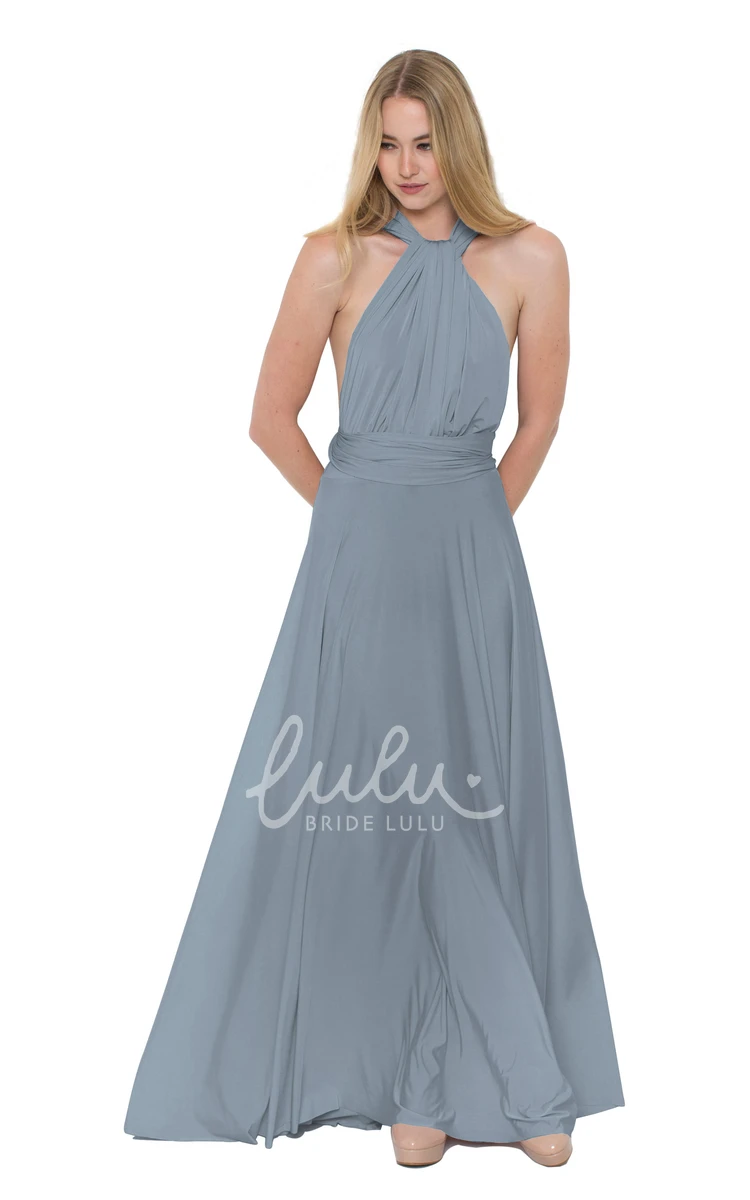 V-Neck Ruched Chiffon Bridesmaid Dress Floor-Length Sleeveless Convertible Multi-Color