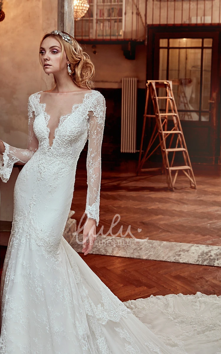 Deep-V Neck Long-Sleeve Lace Court-Train Wedding Dress with Open Back Elegant Bridal Gown