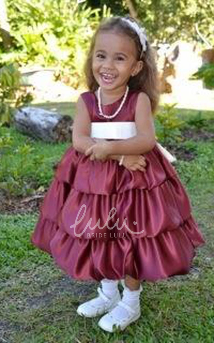 Sleeveless Satin Tiered Flower Girl Dress Unique Knee-Length Dress