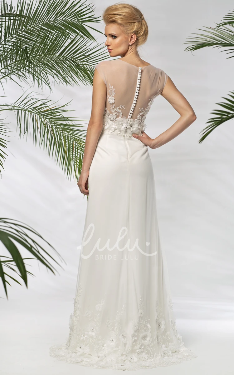 Floral Tulle Wedding Dress with Embroidery Sheath Maxi Cap-Sleeve Elegant