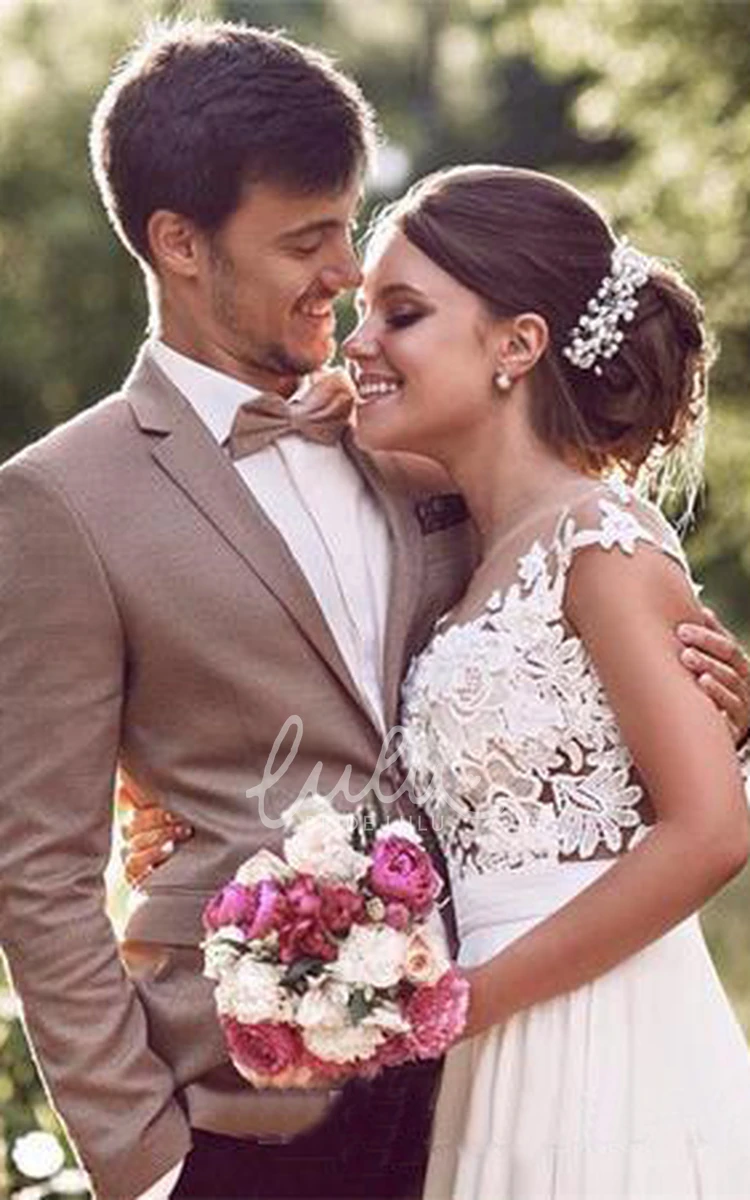 Chiffon A-Line Wedding Dress with Jewel Neckline and Button Closure