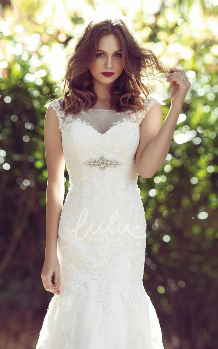 Jeweled Lace Wedding Dress with Illusion Cap-Sleeves and Scoop-Neck Trumpet Maxi