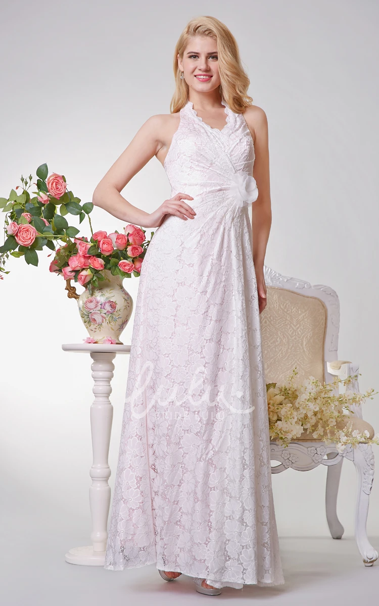 Long Halter Lace Dress with Ruching and Flower Detail for Prom