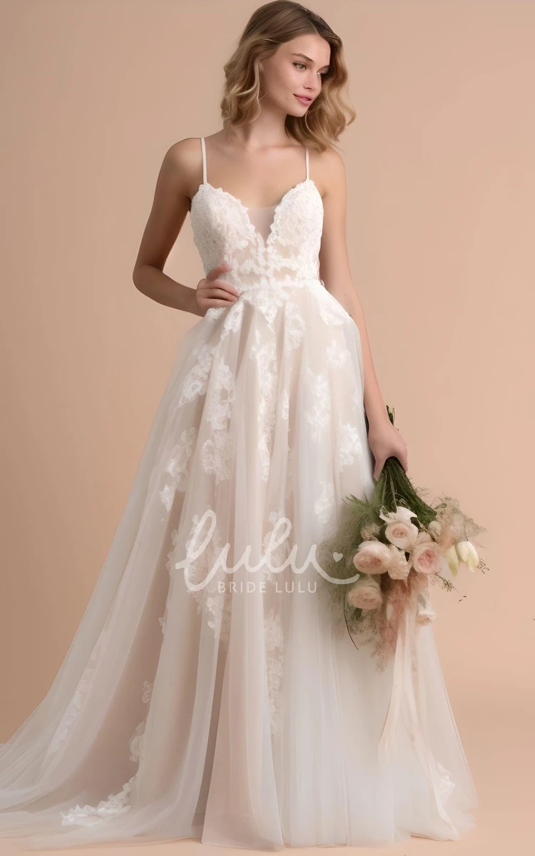 A-Line Tulle V-neck Sleeveless Wedding Dress Simple Elegant Country Garden 2024