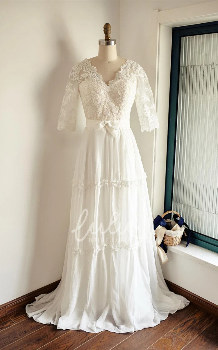 Backless Chiffon Lace Satin Weddig Dress With Low-V Back