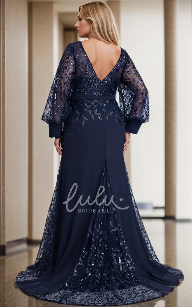 Formal Elegant Boho Lace Mermaid Long Sleeve Mother of the Bride Dress Modest Floral Illusion Scoop Neckline Maxi Sweep Train Bridal Evening Dress