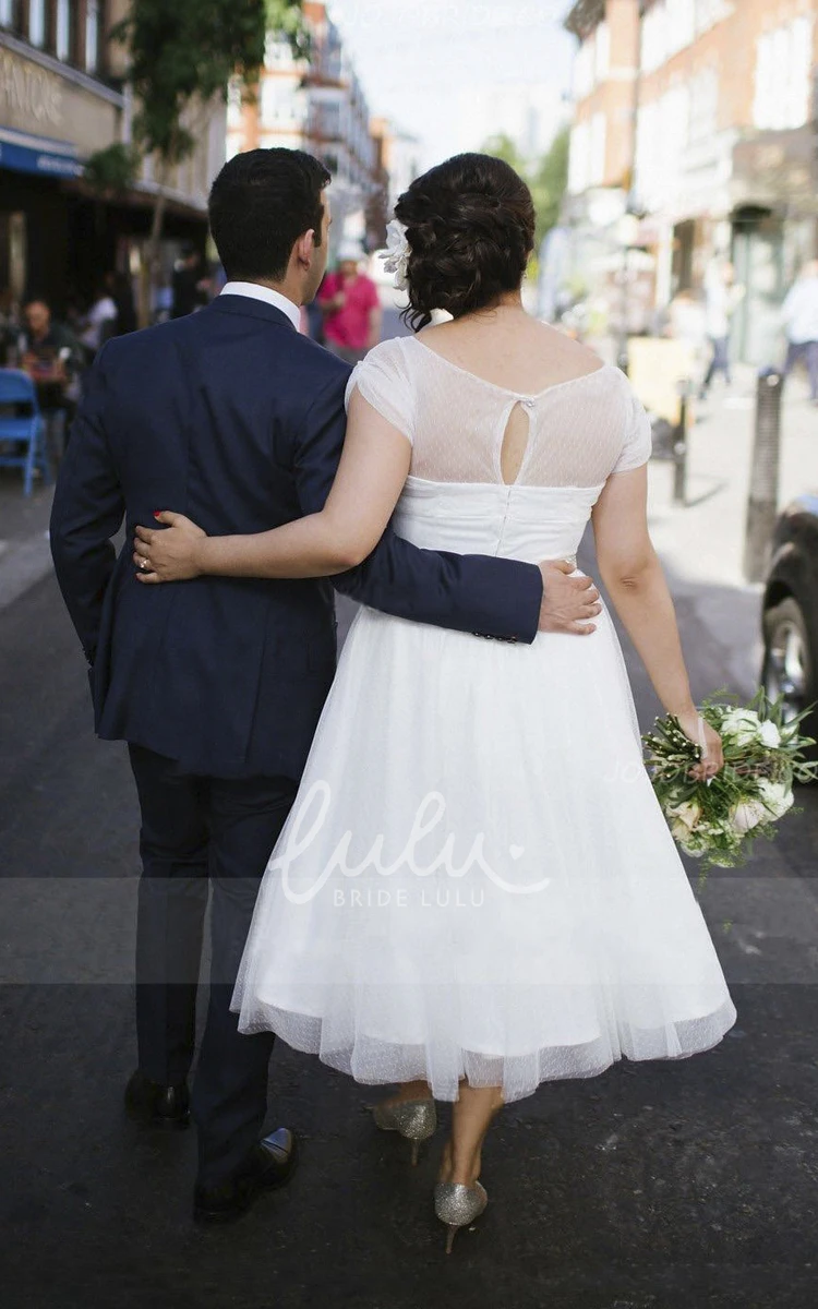 Vintage Cap Sleeve Tea Length Wedding Dress with Keyhole in Tulle