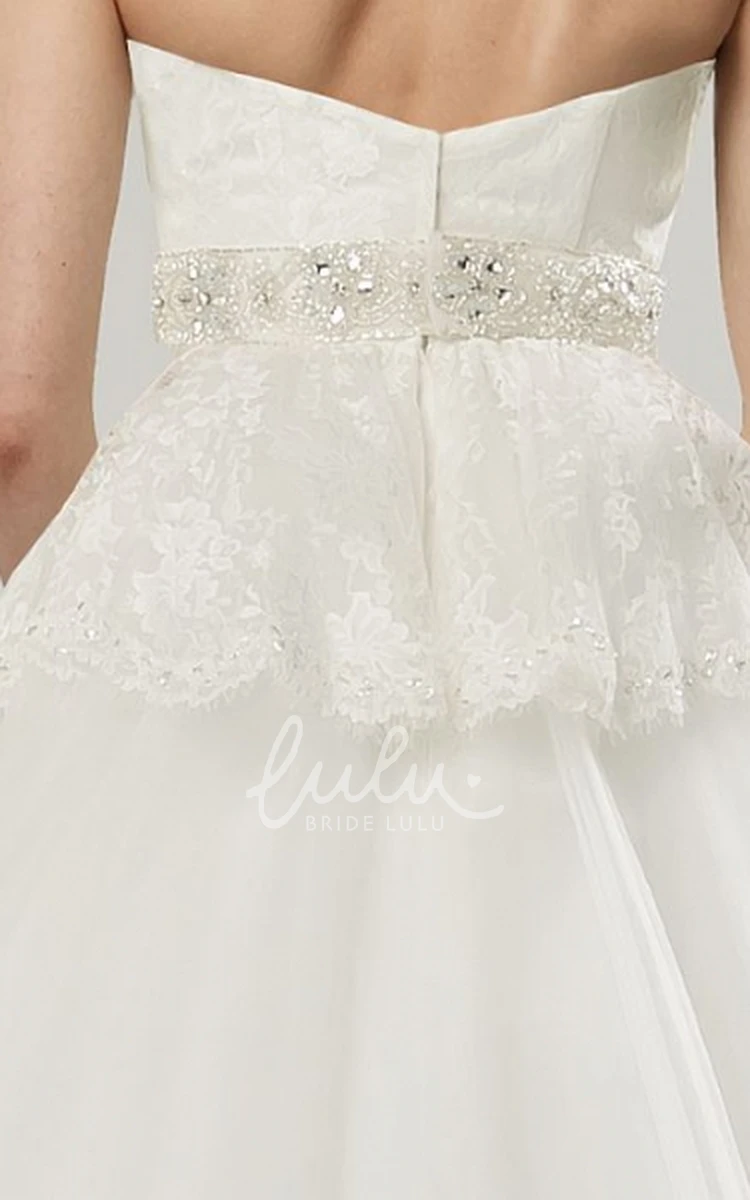 Cap-Sleeve Ball Gown Tulle Wedding Dress with Lace and Peplum Jeweled