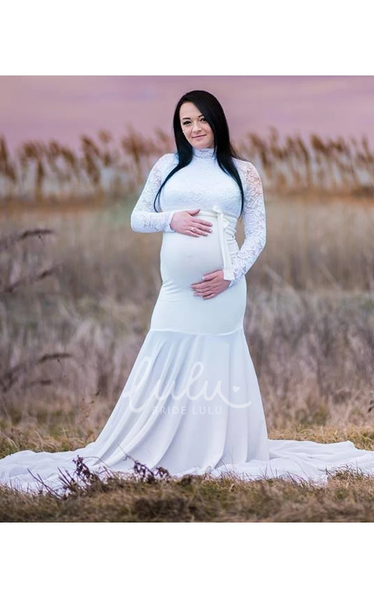 Trumpet Empire Maternity Wedding Dress with Sweep Train and Long Sleeves