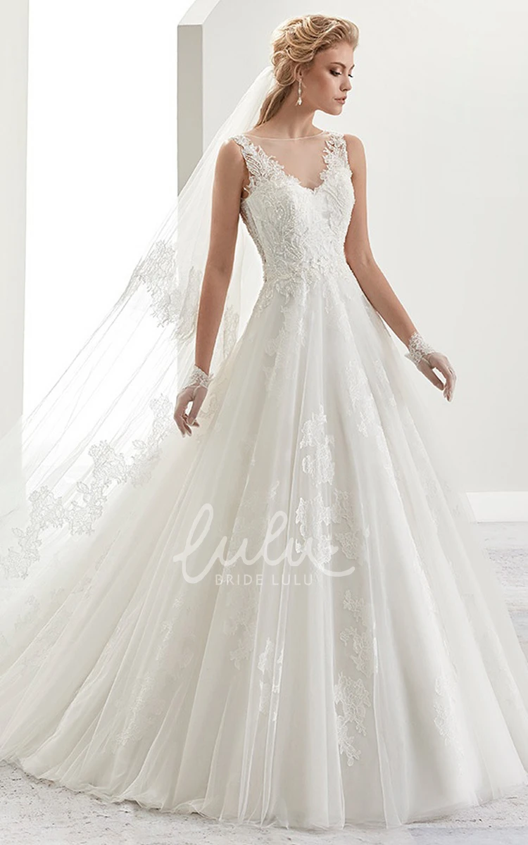 Cap Sleeve A-Line Wedding Dress with Illusive Lace Back and Brush Train