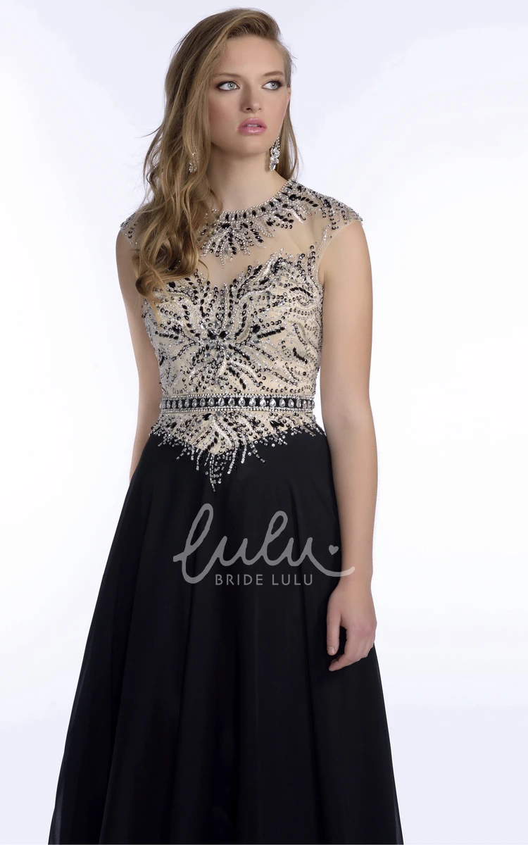 Beaded Bodice A-Line Chiffon Prom Dress with Keyhole Back and Pleats