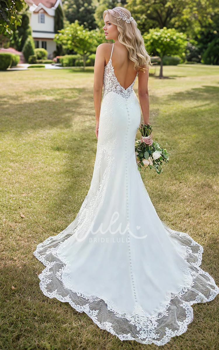 Spaghetti Sexy Elegant Floor-length Mermaid Plunging V-neck Sleeveless Beach Country Wedding Dress with Lace Appliques Open Back